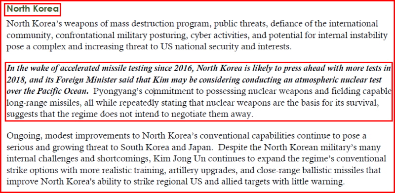 댄 코츠 국가정보국(DNI) 국장은 13일(현지 시간) 미 상원 정보위에 제출한 서면진술서를 통해 “북한은 핵무기는 그들의 생존을 위한 근본이라고 거듭 말하고 있다”면서 “이는 (북한) 정권이 협상을 통해 그것들을 없앨 의도가 없다는 것을 보여준다”고 지적했다.
